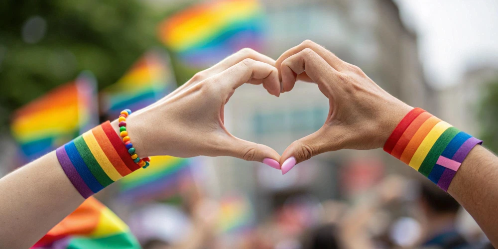 Manos formando un corazón con pulseras LGBTQ+ en el Pride en Guadalajara 2026