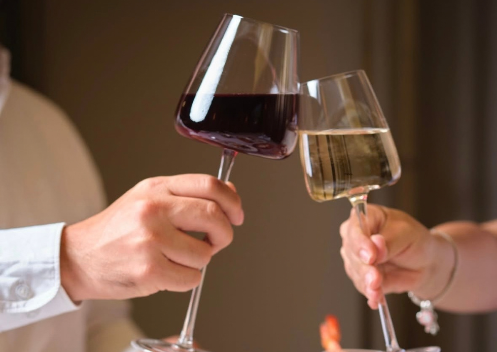 Dos personas brindan con copas de vino tinto y blanco